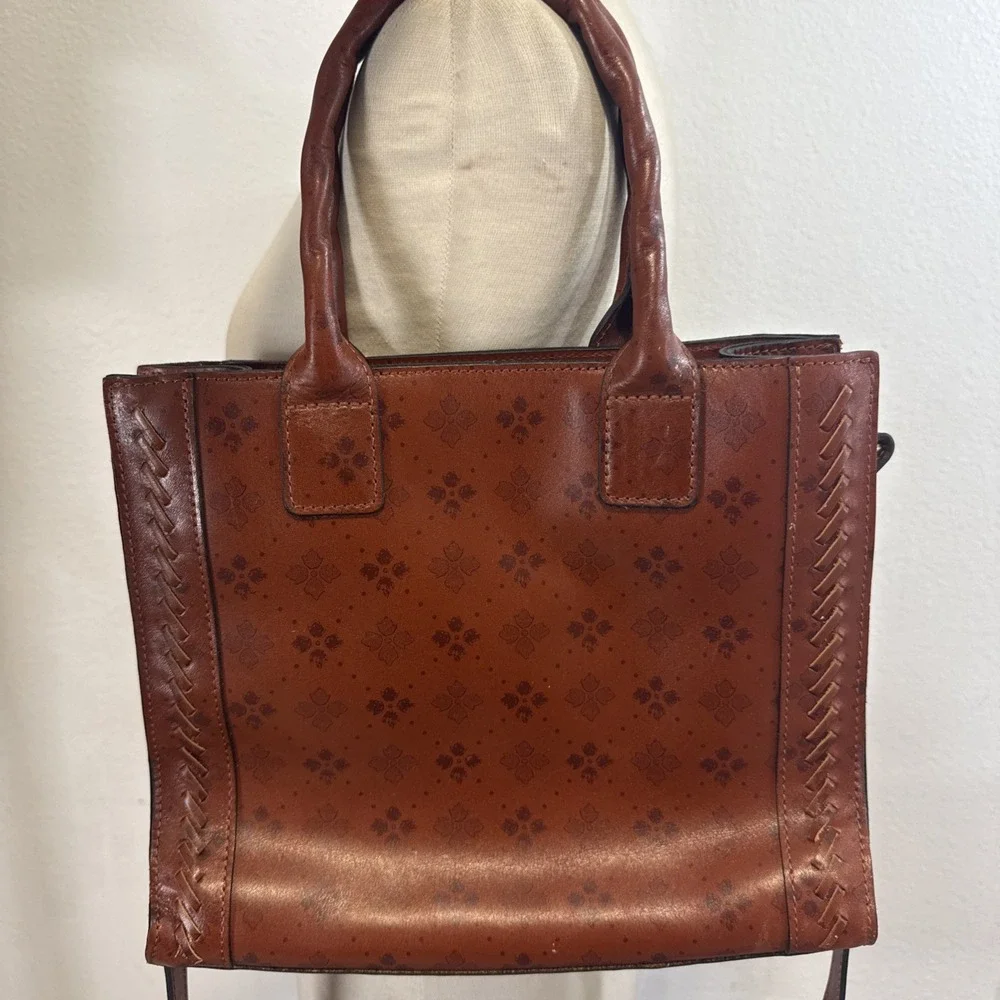 Patricia Nash Brown Leather Tote Crossbody AOP Signature Floret Embossed Bag